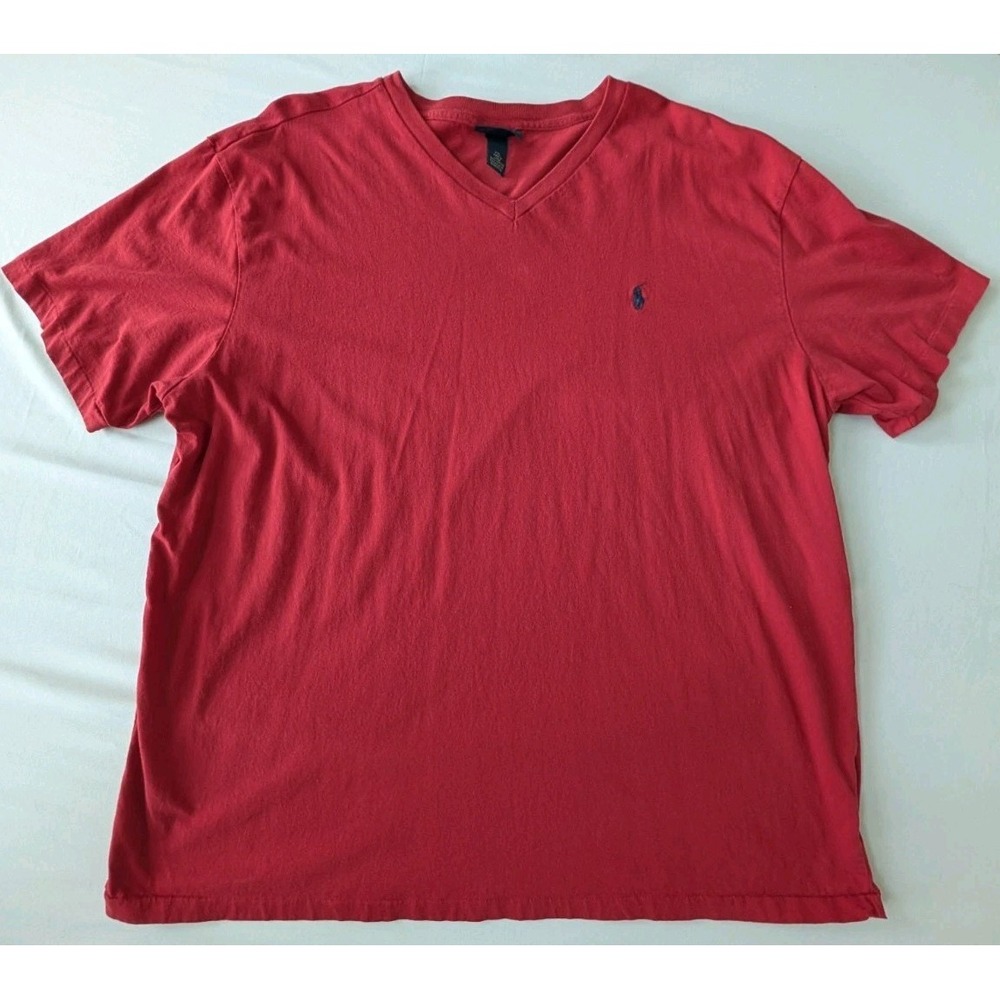 Polo Ralph Lauren T-Shirt Mens XXL Red V-Neck S/S Blue Pony Logo Cotton